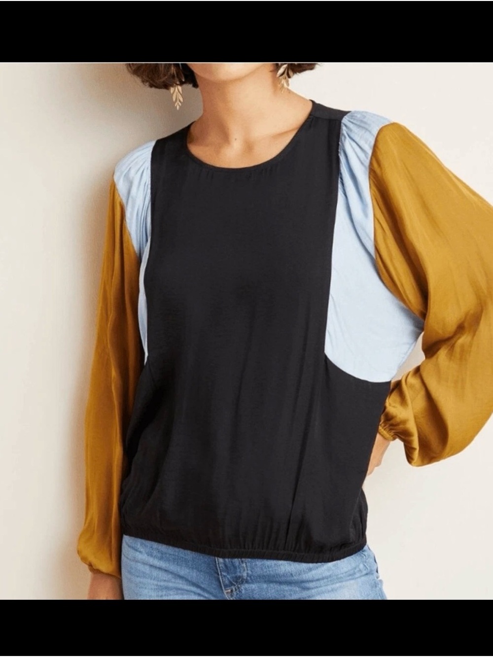 dolan Colorblock Balloon Sleeve Top - Black, Mustard & Light Blue